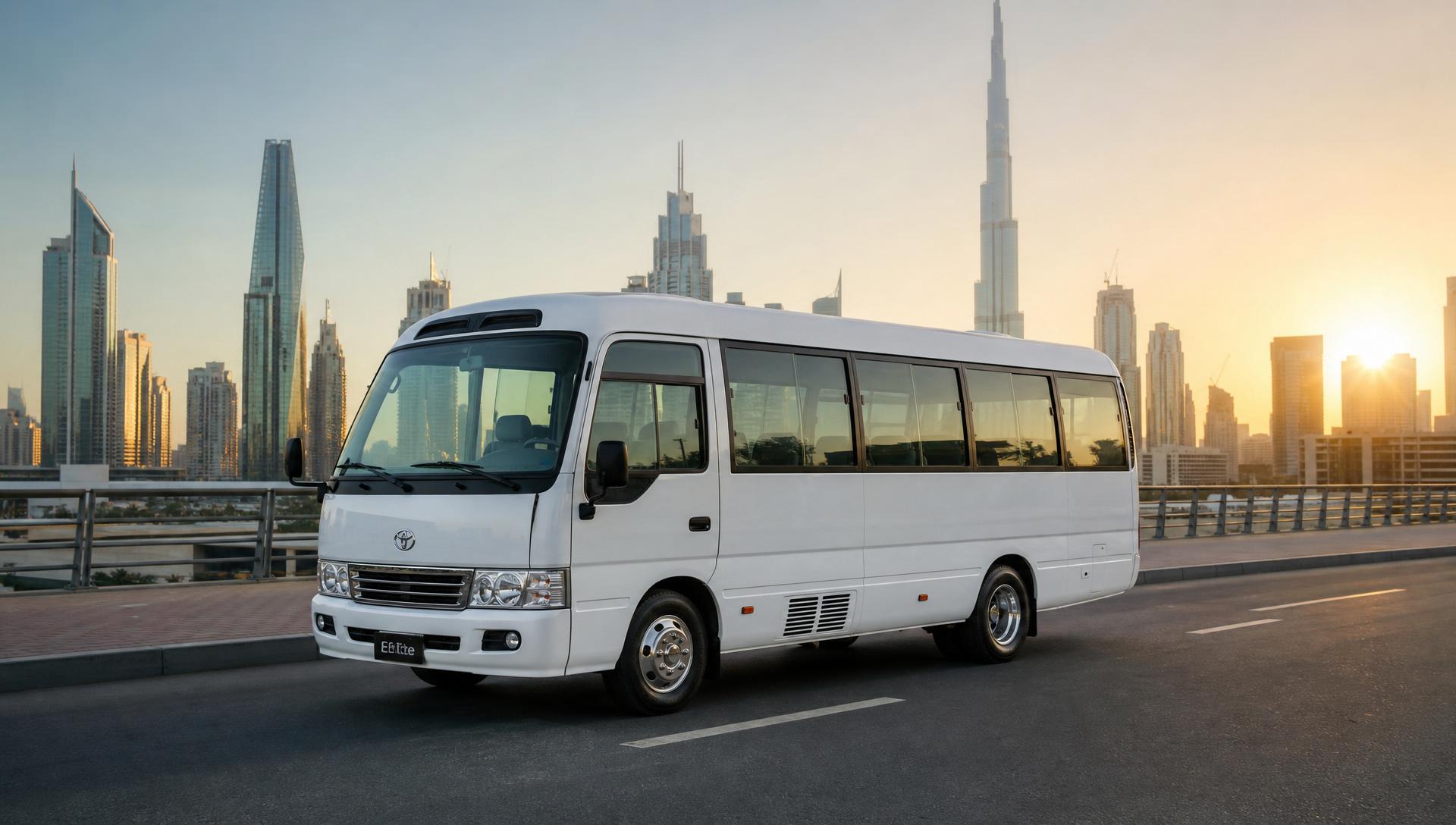 Toyota Coaster on Sheikh Zayed Road at sunrise